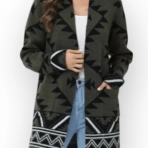 FRYE Olive Green Aztec Open-Front Women’s Sweater Cardigan